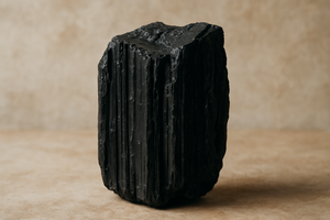 a large piece of Black Tourmaline  against a neutral organic natural background. 
