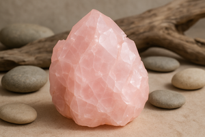  a large piece of rose quartz set against a neutral organic natural background