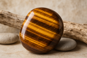 a large piece of tigers eye set against a neutral organic natural background