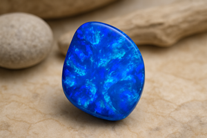 a piece of blue opal set against a neutral organic natural background