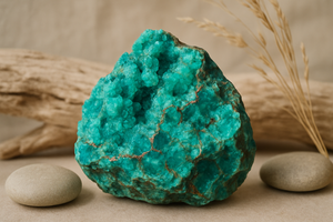 a piece of Chrysocolla set against a neutral organic natural background
