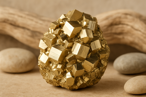 a piece of Pyrite against a neutral organic natural background
