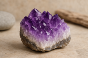 a piece of raw amethyst set against a neutral organic natural background