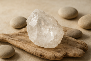  a piece of raw Clear Quartz set against a neutral organic natural background