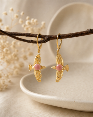 DreamWeaver Rose Quartz Drop Earrings — Gold