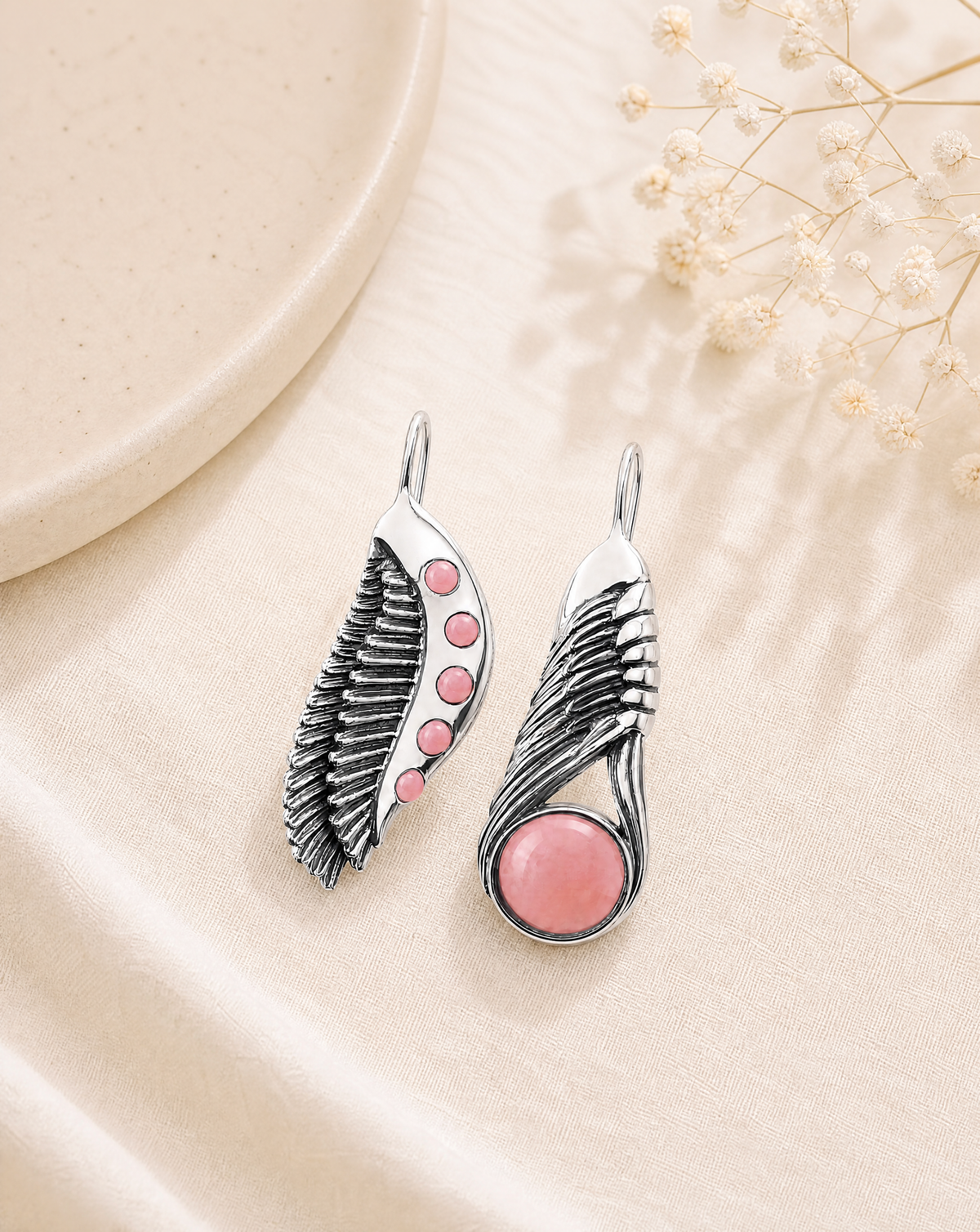 Featherlights & Moonbeams Rose Quartz Earrings — Silver