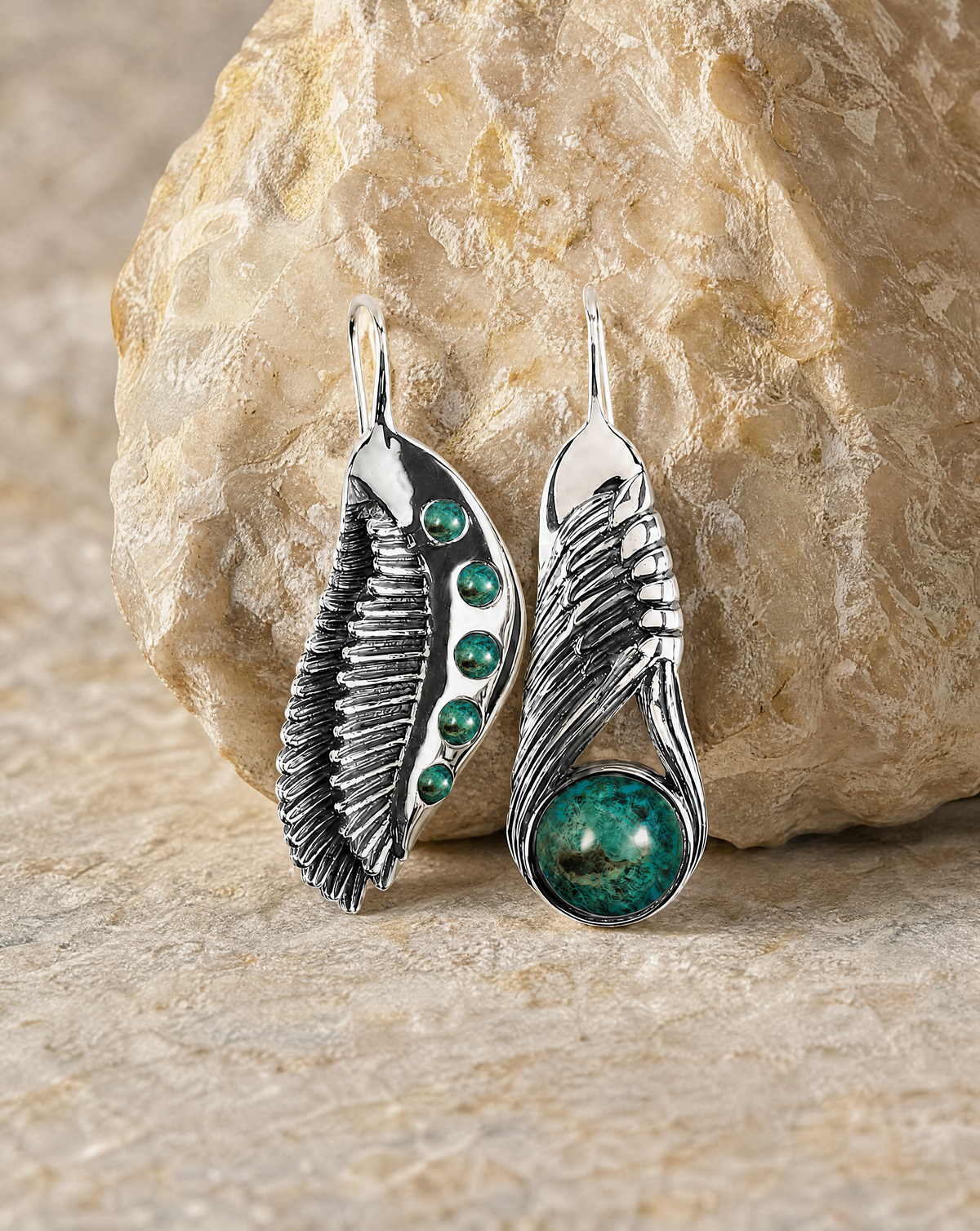 Featherlights & Moonbeams Chrysocolla Earrings — Silver