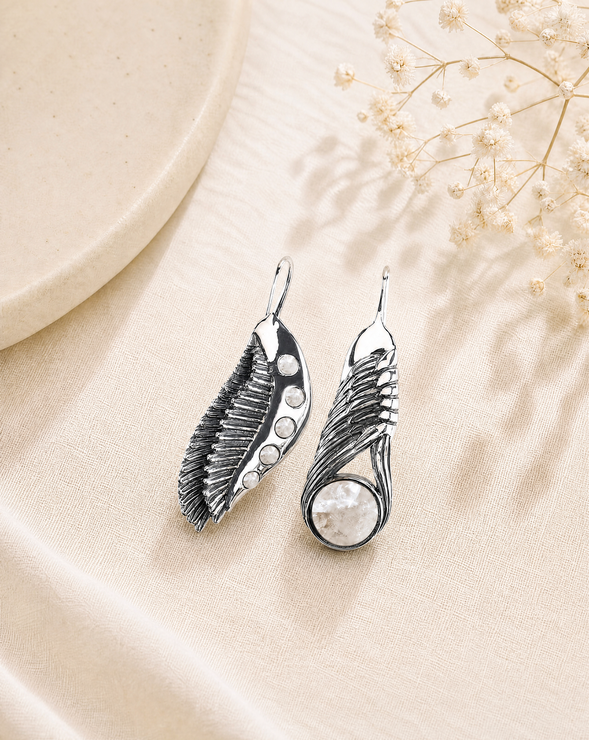 Featherlights & Moonbeams Clear Quartz Earrings — Silver