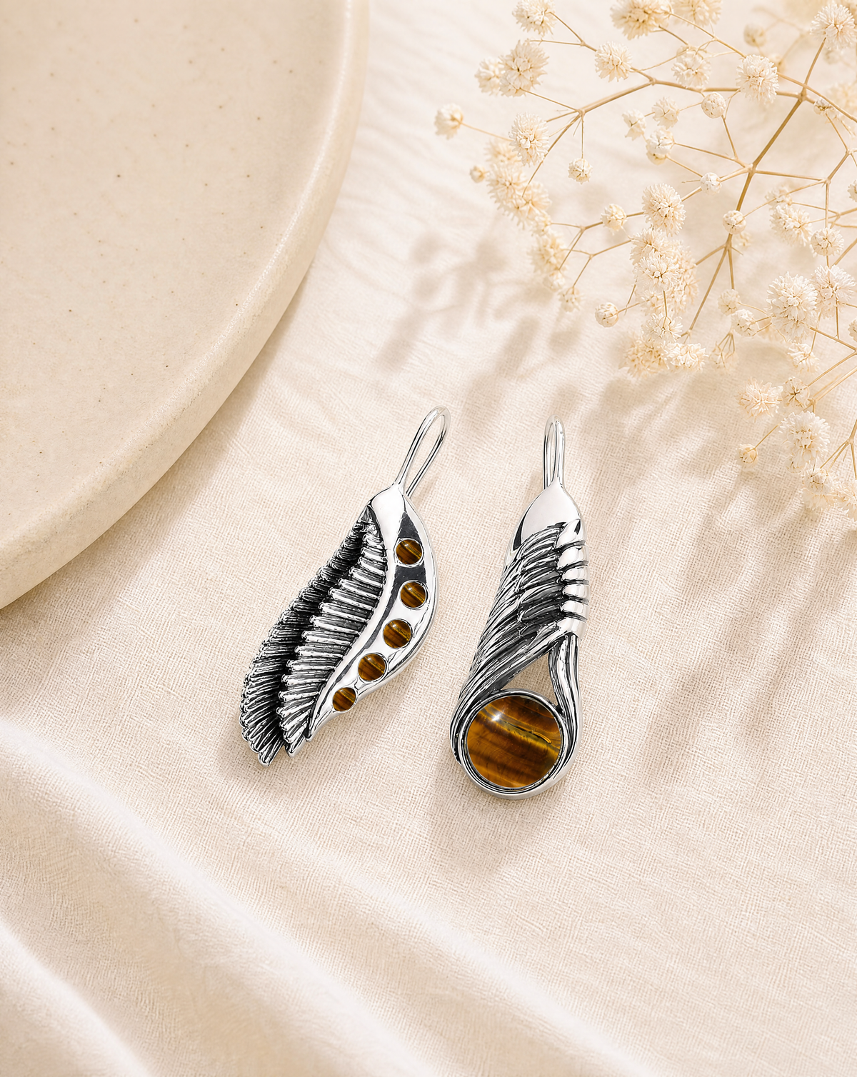Featherlights & Moonbeams Tiger's Eye Earrings — Silver