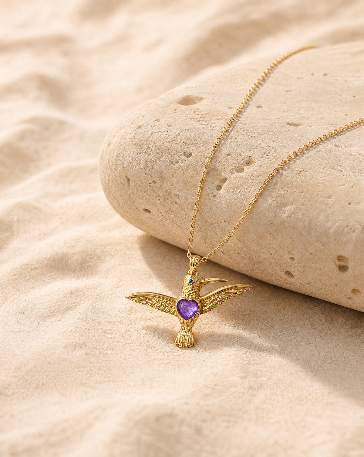 The Hummingbird Amethyst Pendant — Gold-4