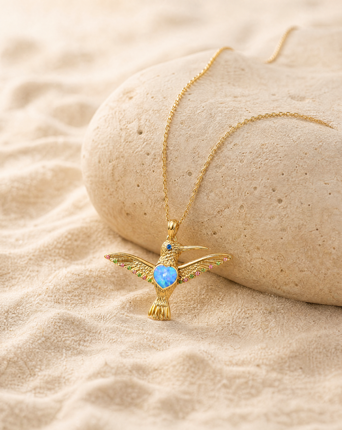 The Hummingbird Blue Opal Pendant — Gold-4