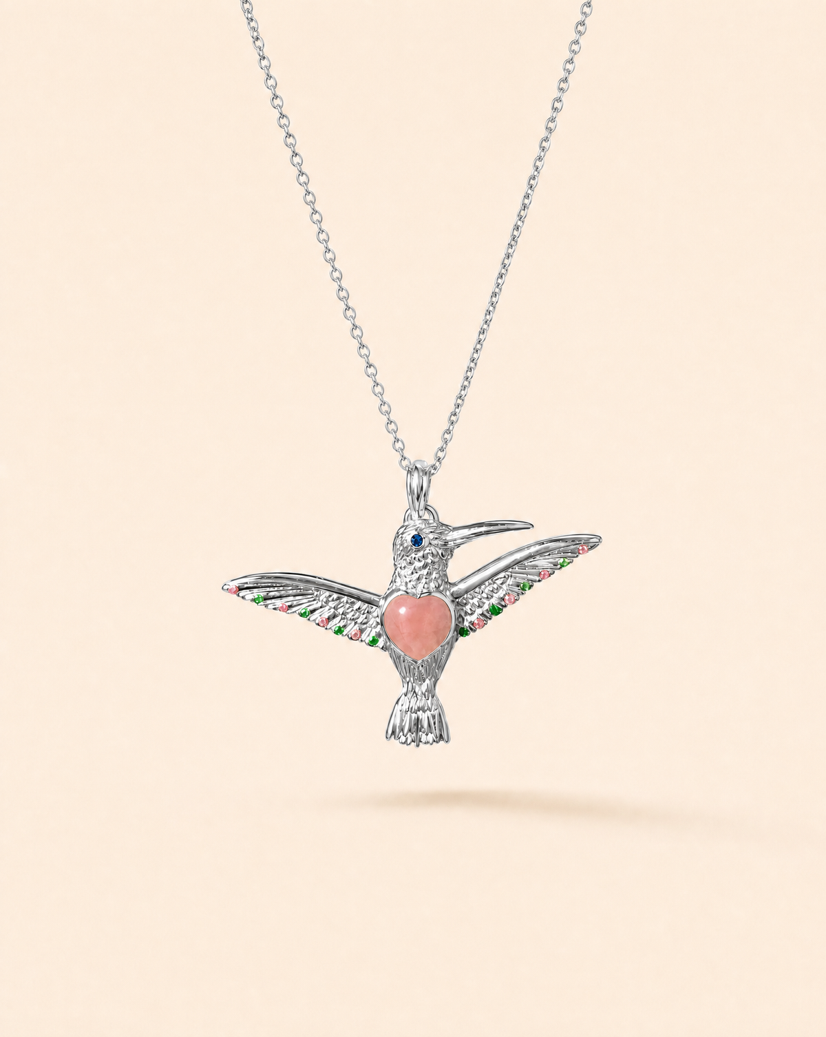 The Hummingbird Rose Quartz Pendant — Silver