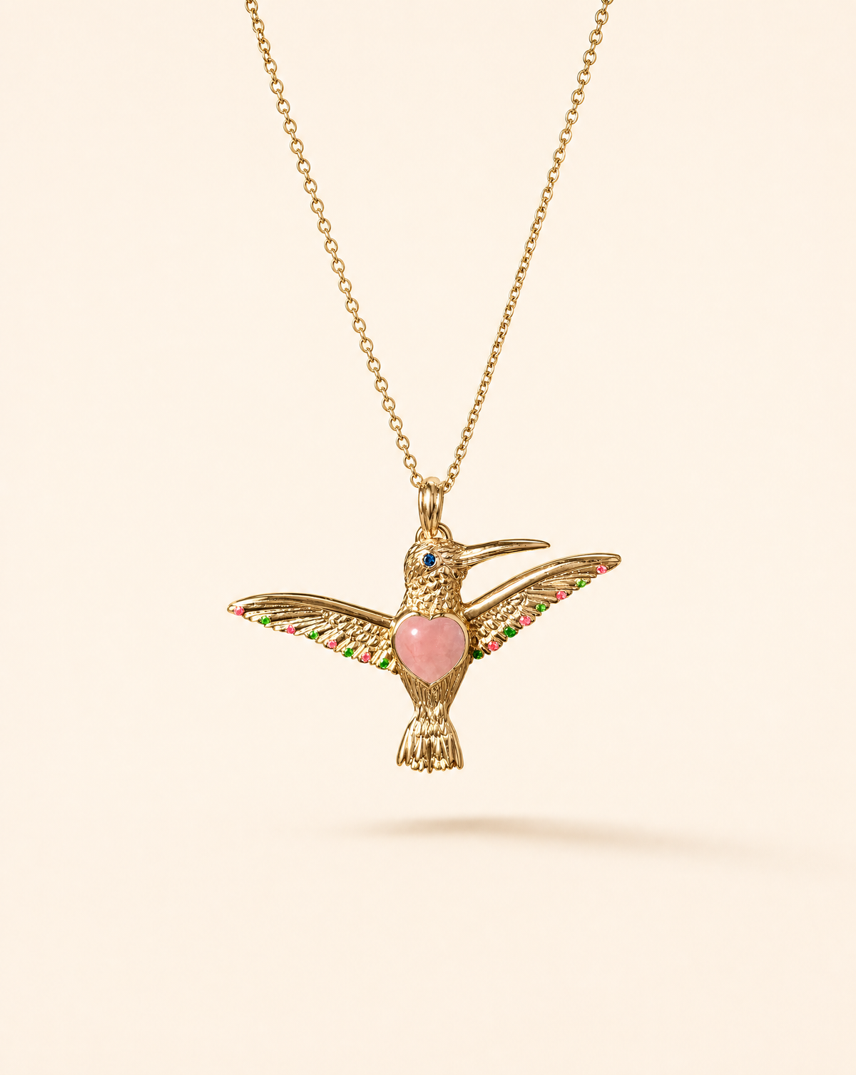 The Hummingbird Rose Quartz Pendant — Gold-1