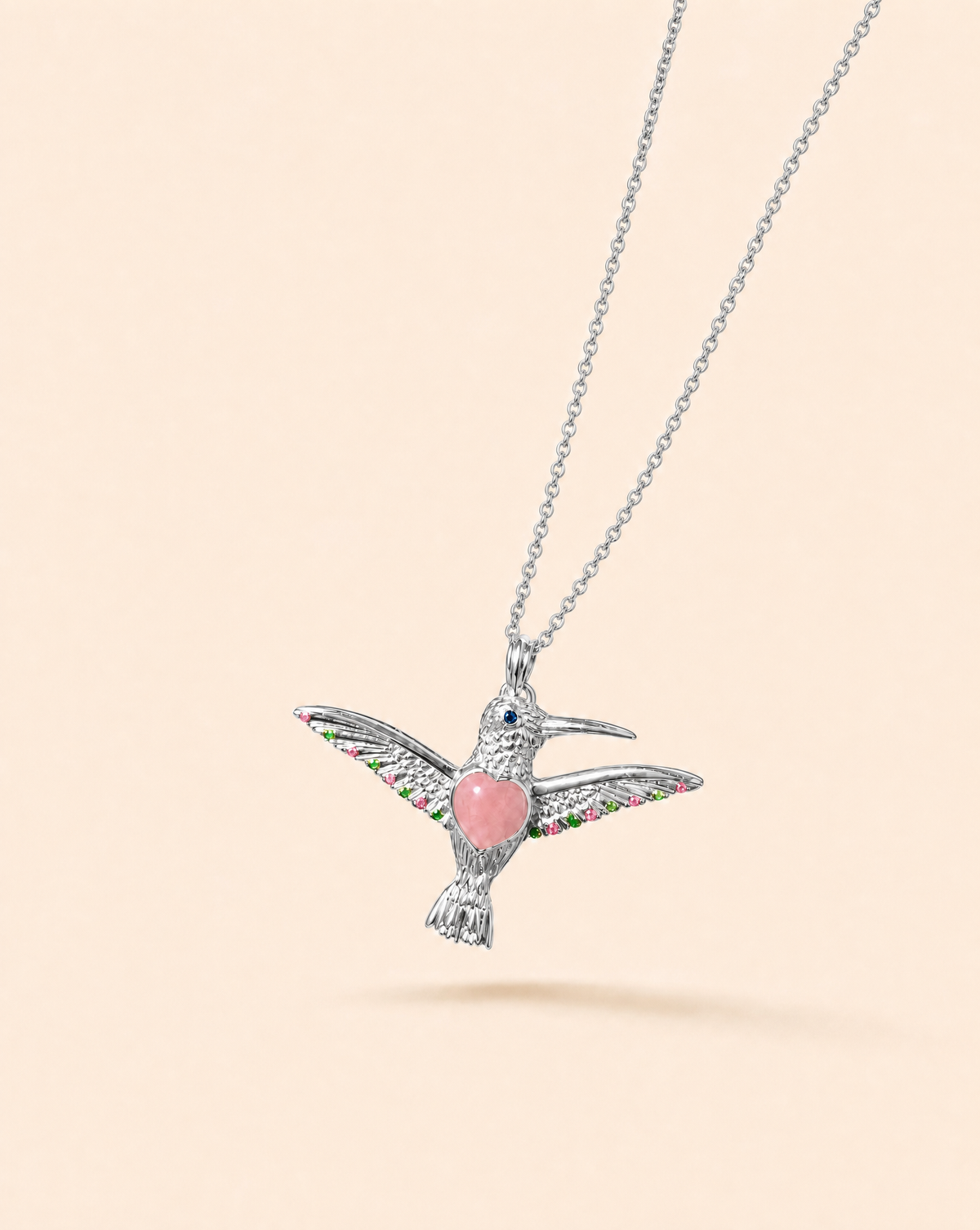 The Hummingbird Rose Quartz Pendant — Silver-2