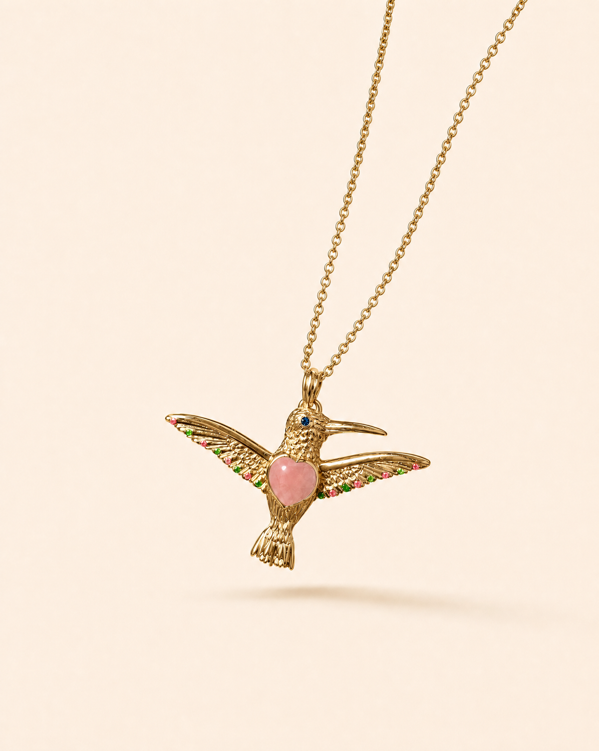 The Hummingbird Rose Quartz Pendant — Gold-2