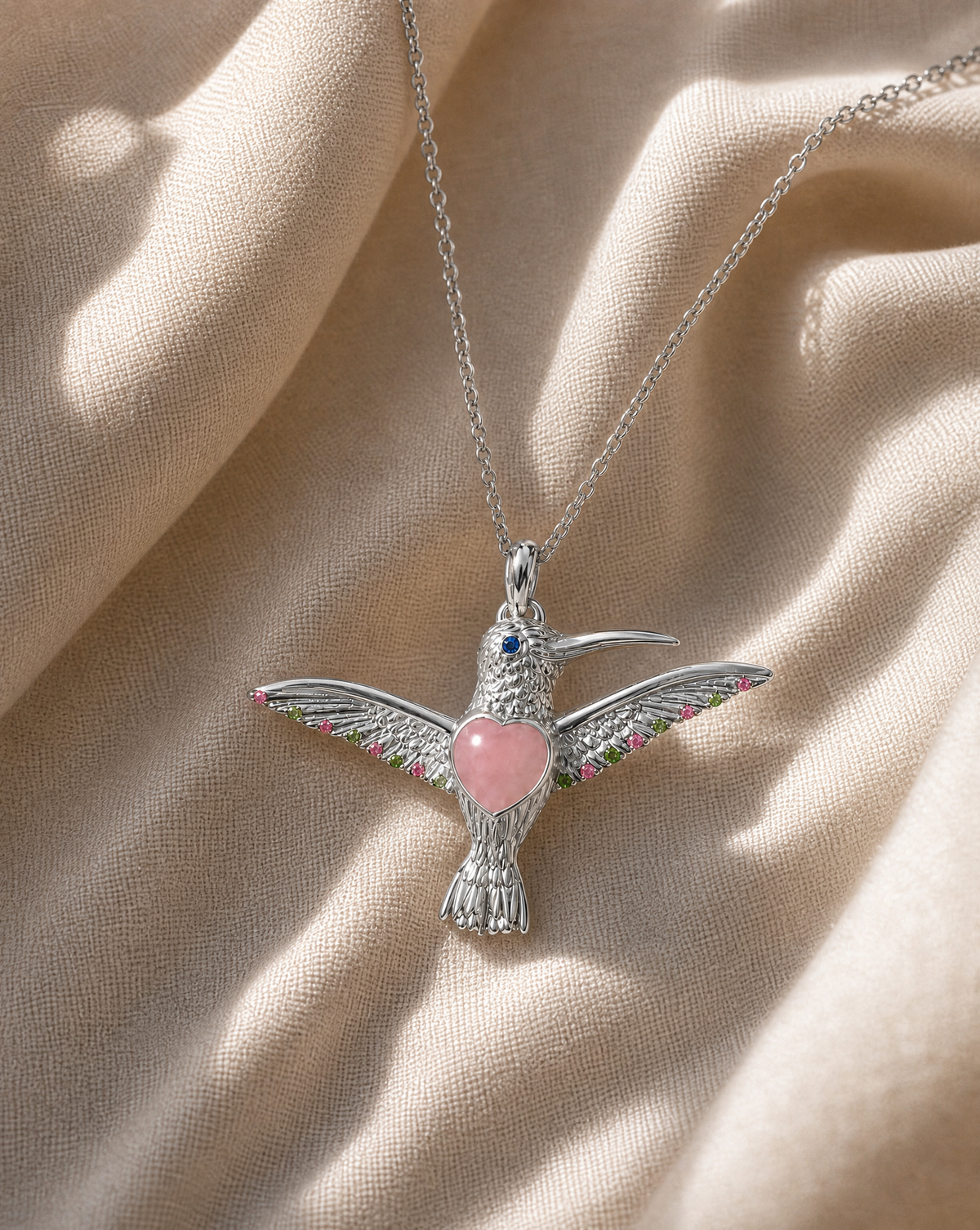 The Hummingbird Rose Quartz Pendant — Silver-3