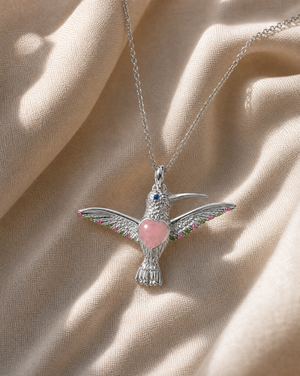 The Hummingbird Rose Quartz Pendant — Silver
