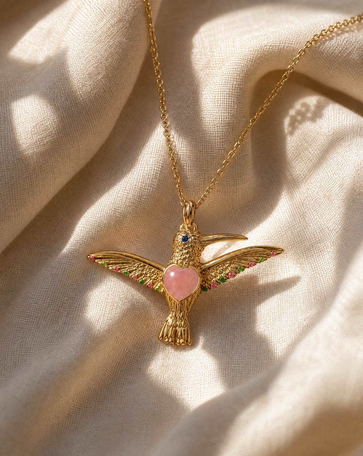 The Hummingbird Rose Quartz Pendant — Gold-3