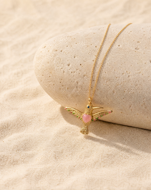 The Hummingbird Rose Quartz Pendant — Gold
