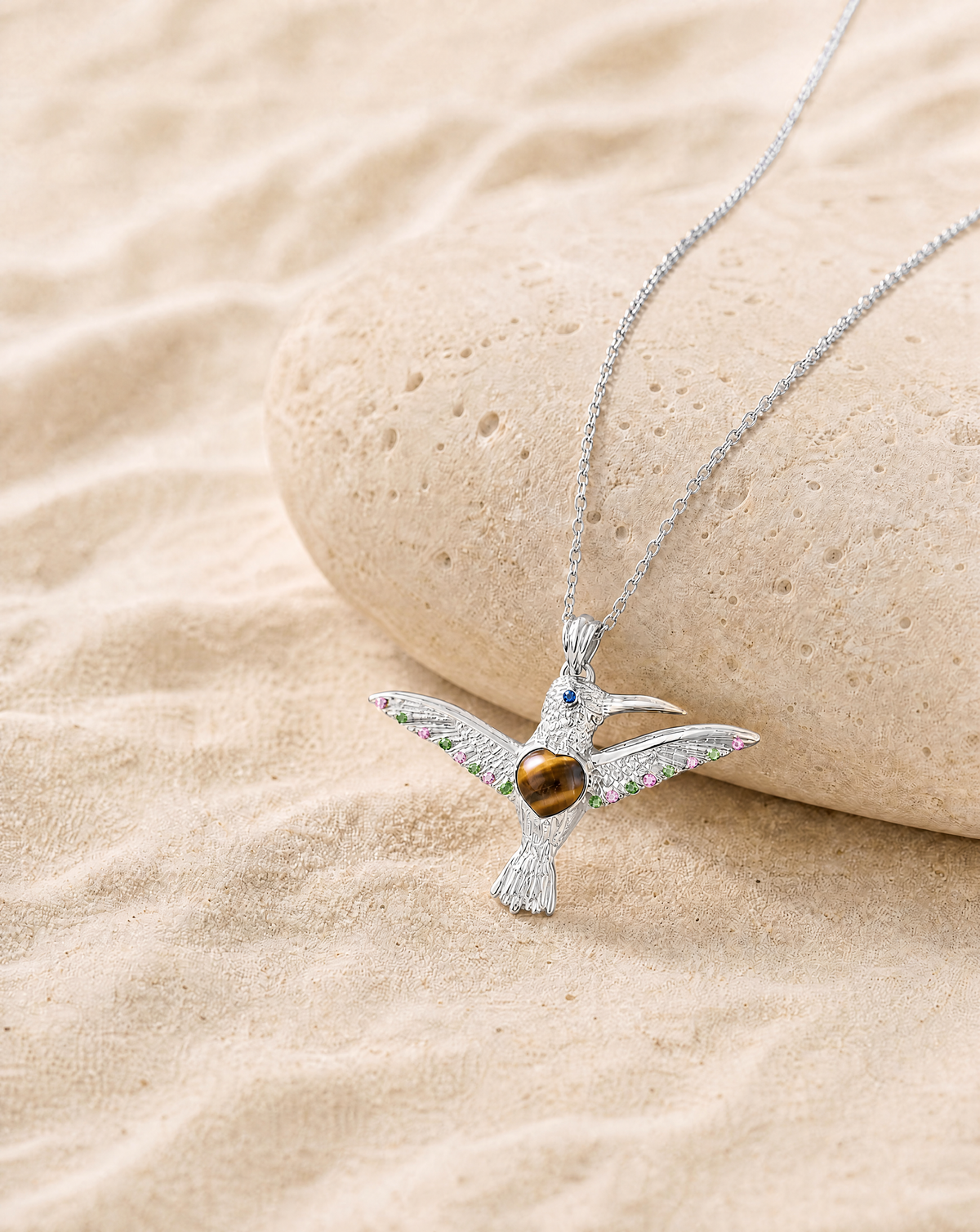 The Hummingbird Tiger's Eye Pendant — Silver-4