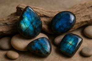 pieces of labradorite set against a neutral  organic natural background