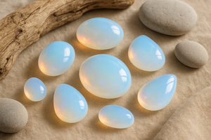 pieces of opalite set against a neutral organic natural background
